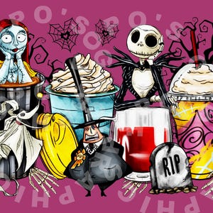 May include: A digital illustration of characters from The Nightmare Before Christmas, Jack Skellington and Sally, with a spooky Halloween themed coffee drink. The coffee drink has whipped cream and a pink and yellow striped straw. The background is a dark pink colour.
