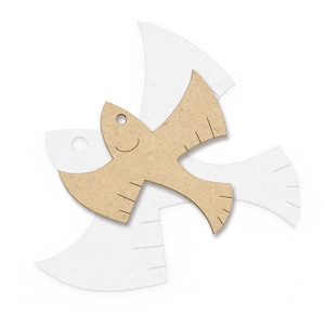 May include: A wooden dove cutout with a white outline. The dove is a symbol of peace and is often used in religious art.