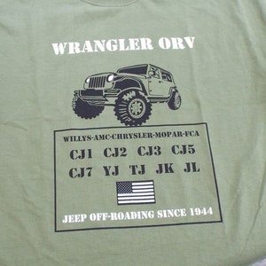 Wrangler T shirt CJ TJ JK willys, jl, jlu, jk, jku, cj1 cj2 cj3, cj4, cj5, cj7, yj, bantam 1944, 1984,1986,2000, 2005, 2008,2018,2023 image 3