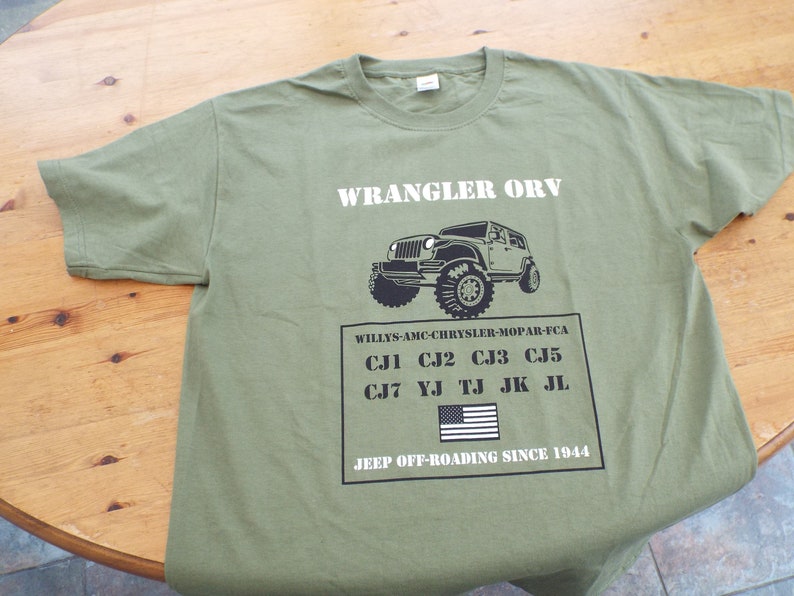 Wrangler T shirt CJ TJ JK willys, jl, jlu, jk, jku, cj1 cj2 cj3, cj4, cj5, cj7, yj, bantam 1944, 1984,1986,2000, 2005, 2008,2018,2023 image 3