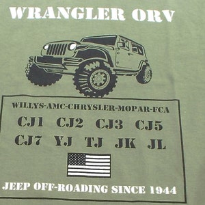 Wrangler T shirt CJ TJ JK willys, jl, jlu, jk, jku, cj1 cj2 cj3, cj4, cj5, cj7, yj, bantam 1944, 1984,1986,2000, 2005, 2008,2018,2023 image 2