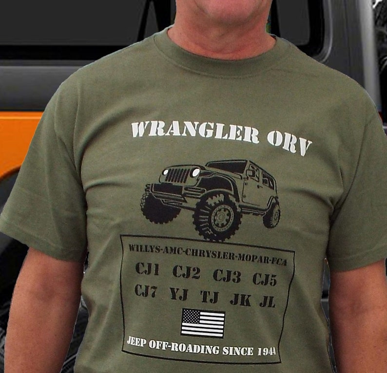 Wrangler T shirt CJ TJ JK willys, jl, jlu, jk, jku, cj1 cj2 cj3, cj4, cj5, cj7, yj, bantam 1944, 1984,1986,2000, 2005, 2008,2018,2023 image 1