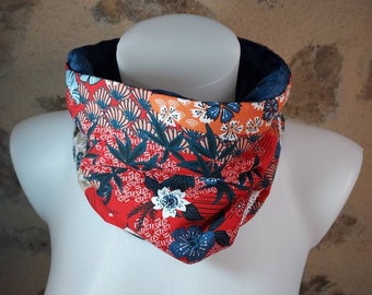 Snood choker flowers and Japanese patterns navy blue red coral orange beige