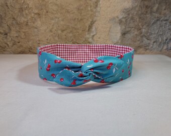 Bandeau cheveux headband fil de fer turquoise cerises et vichy rouge