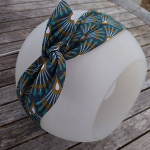 Bandeau cheveux twist semi rigide fil de fer pin up vintage headband motifs japonais bleu nuit turquoise et moutarde, paon image 1