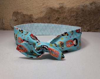 Bandeau cheveux twist headband fil de fer geisha et motifs japonais turquoise