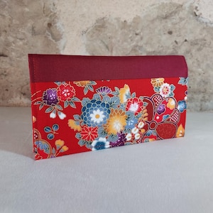 porte chéquier fleurs et papillons japonais rouge doré mauve orange bleu