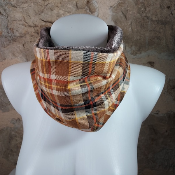 Scottish tartan neck warmer snood brown orange beige