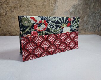 Checkbook holder flowers and Japanese patterns black burgundy khaki