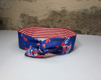 Bandeau cheveux twist headband fil de fer semi rigide poissons fond bleu marine et rouge à rayures blanches