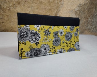 Porte chéquier fleurs noir gris jaune