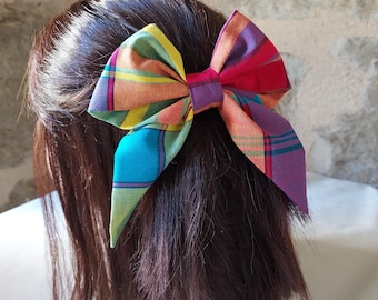 Madras bow barrette purple pink yellow green blue