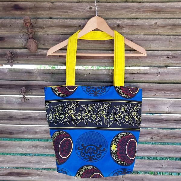 Sac cabas souple tote bag wax bleu noir et jaune