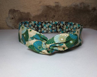 Bandeau cheveux twist headband fil de fer semi rigide fleurs turquoise noir  vert doré