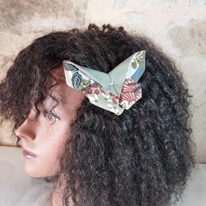 Origami butterfly barrette Japanese print khaki burgundy gray