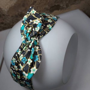 Bandeau cheveux twist headband fil de fer semi rigide fleurs turquoise noir vert doré image 5