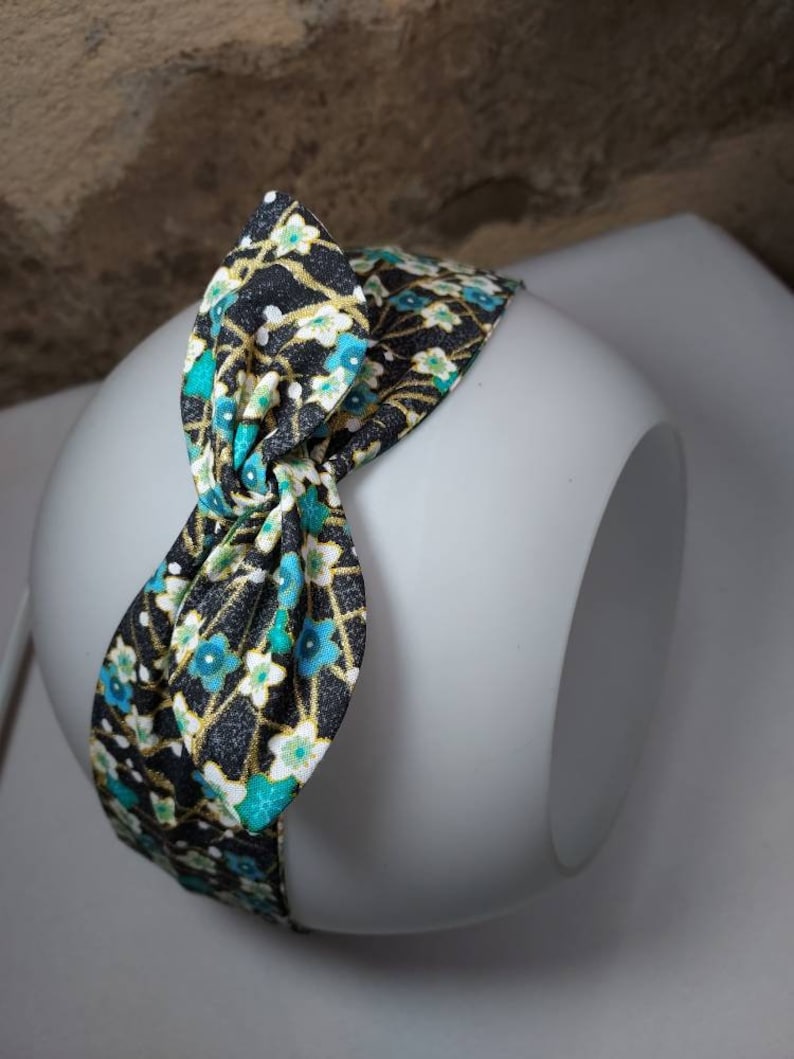 Bandeau cheveux twist headband fil de fer semi rigide fleurs turquoise noir vert doré image 5