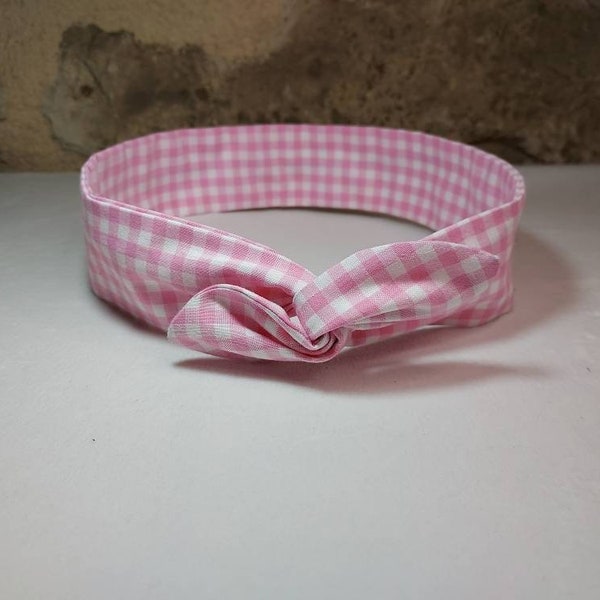 Bandeau cheveux twist headband fil de fer semi rigide vichy rose