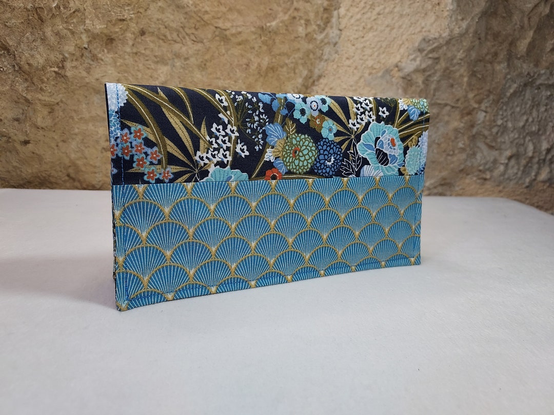 Checkbook Wallet Pattern Checkbook Holder Flowers and Japanese Patterns Blue Gold Ocher - Etsy