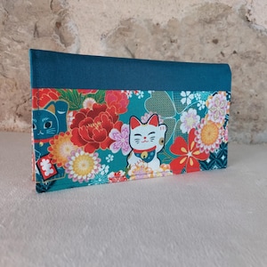 porte chéquier imprimé japonais bleu canard rose corail