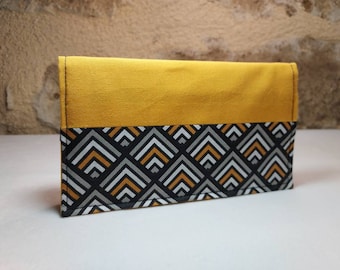 Porte chéquier motifs géométrique jaune moutarde noir gris et blanc