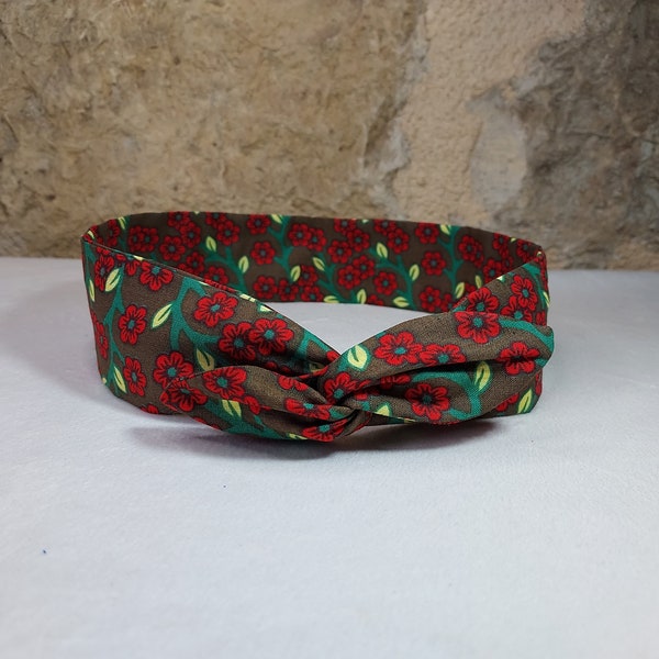 Bandeau cheveux headband fil de fer fleurs rouge vert marron