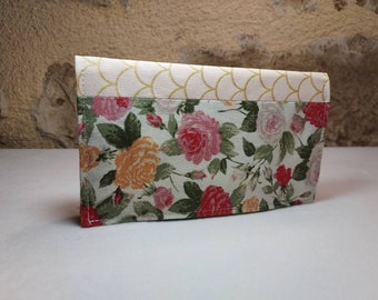 Checkbook holder pink flowers ecru background and pink and gold Japanese patterns