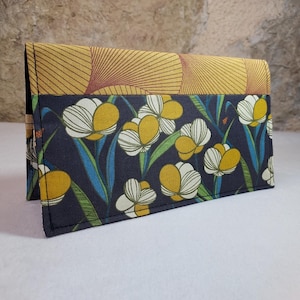 Porte chéquier fleurs et motifs japonais art déco moutarde noir
