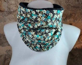 Snood tour de cou fleurs japonaises turquoise blanc doré noir