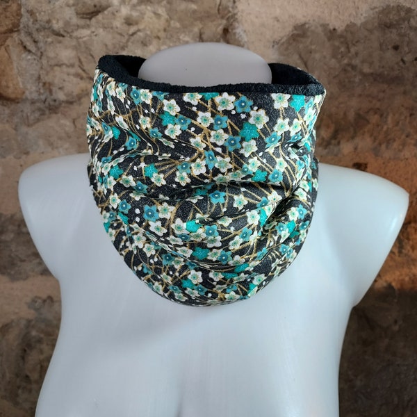 Snood tour de cou fleurs japonaises turquoise blanc doré noir