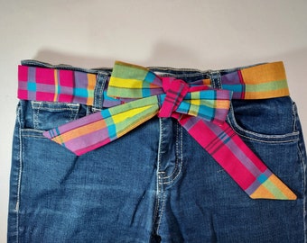 Ceinture en tissu à nouer madras rose orange vert bleu jaune