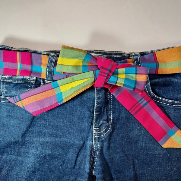 Ceinture en tissu à nouer madras rose orange vert bleu jaune