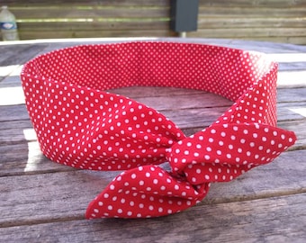 Semi-rigid twist hair headband wire pin up vintage red headband with small white polka dots