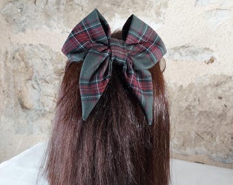 burgundy green tartan Scottish bow barrette