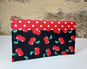 Cherry checkbook holder black and red background with white polka dots