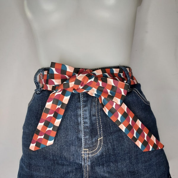 Ceinture en tissu à nouer motifs rétro orange bordeaux blanc bleu canard