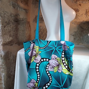 Sac cabas wax fleurs roses fond turquoise