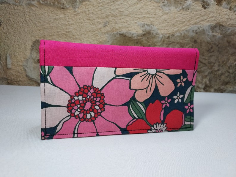 Porte chéquier fleurs rose et rouge fond gris anthracite image 1