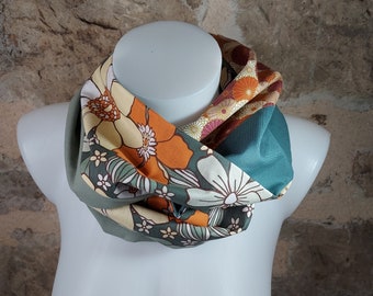 Orange and green patchwork double wrap snood with flowers