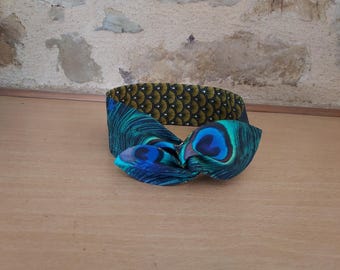 Yellow peacock feather headband with Japanese motifs