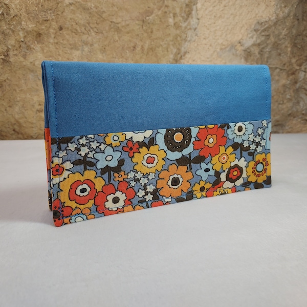 Porte chéquier fleurs orange bleu