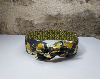 Bandeau cheveux twist headband fil de fer fleurs et motifs japonais noir et jaune