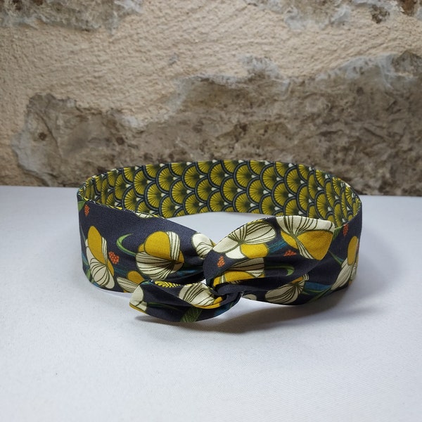 Bandeau cheveux twist headband fil de fer fleurs et motifs japonais noir et jaune