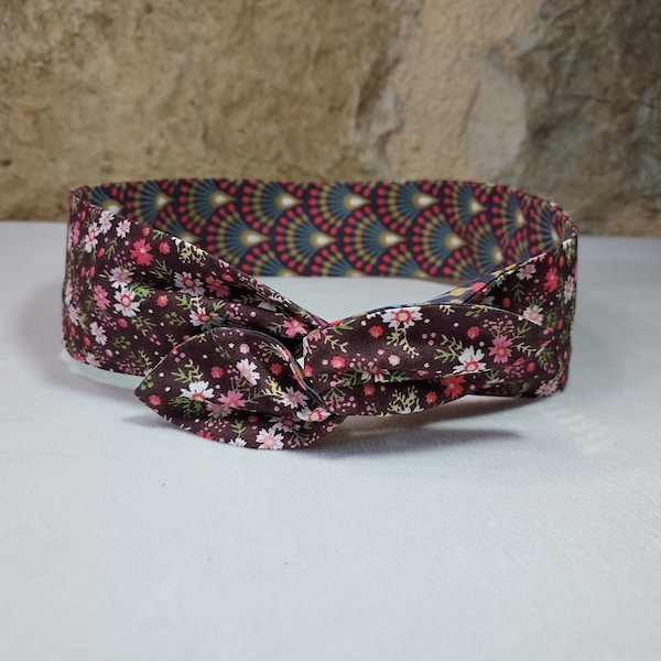 Bandeau cheveux twist headband fil de fer fleurs et motifs japonais violine rose marron