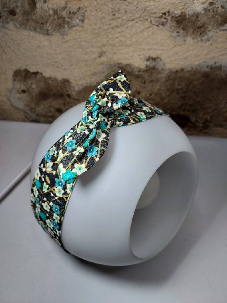 Bandeau cheveux twist headband fil de fer semi rigide fleurs turquoise noir vert doré image 3