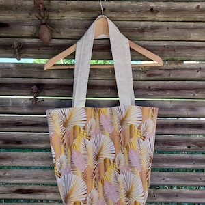 Sac cabas souple tote bag feuilles art déco rose beige doré