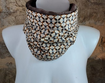 Snood neck warmer ethnic print black ecru brown gray