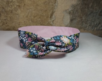 Bandeau cheveux twist headband fil de fer fleurs bleues et rose à pois blanc