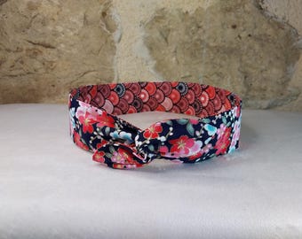 Hairband with wire headband, flowers and Japanese motifs, black, gold, pink, blue