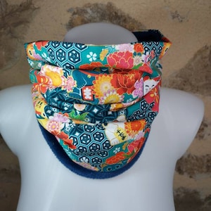 Snood with cat and Japanese flower print in duck blue, pink, yellow, coral